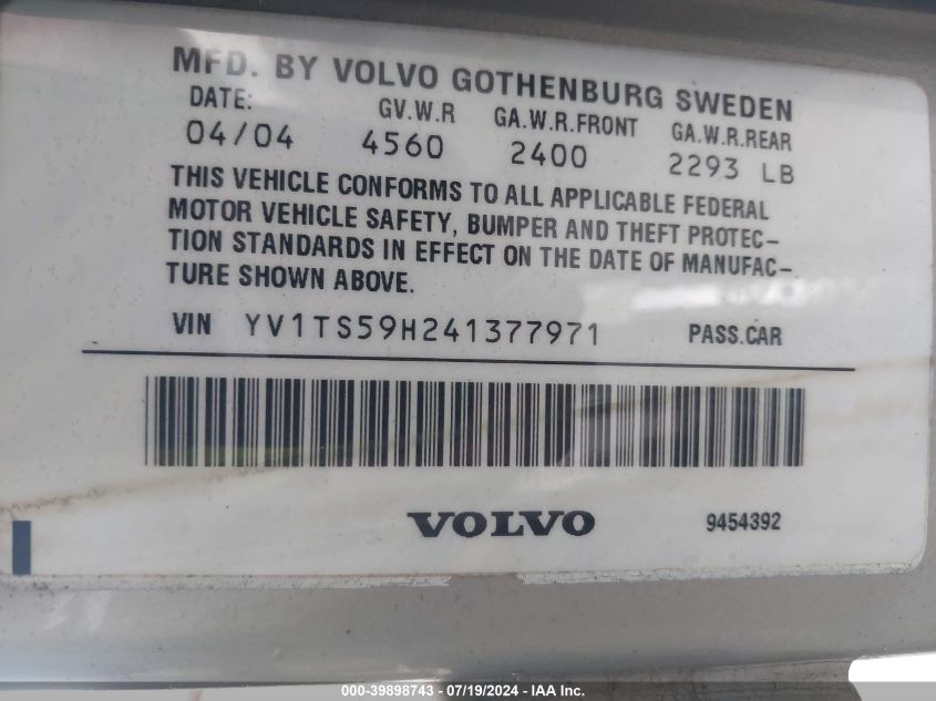 2004 Volvo S80 2.5T VIN: YV1TS59H241377971 Lot: 39898743