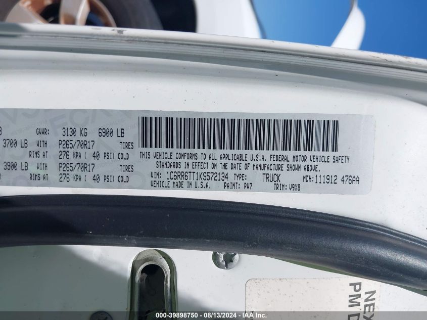 2019 Ram 1500 Classic Slt 4X2 6'4 Box VIN: 1C6RR6TT1KS572134 Lot: 39898750