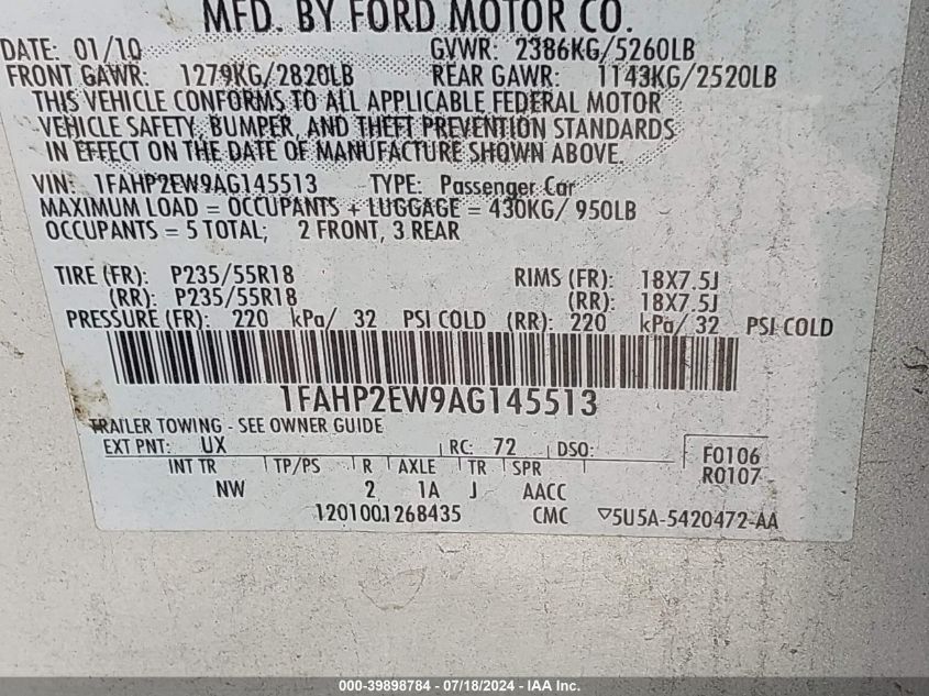 2010 Ford Taurus Sel VIN: 1FAHP2EW9AG145513 Lot: 39898784
