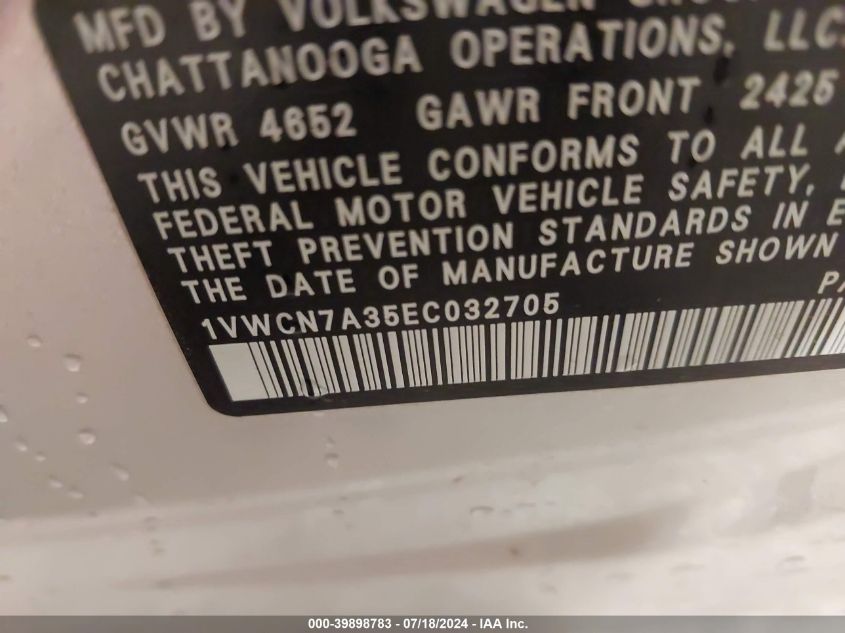 2014 Volkswagen Passat 2.0L Tdi Sel Premium VIN: 1VWCN7A35EC032705 Lot: 39898783