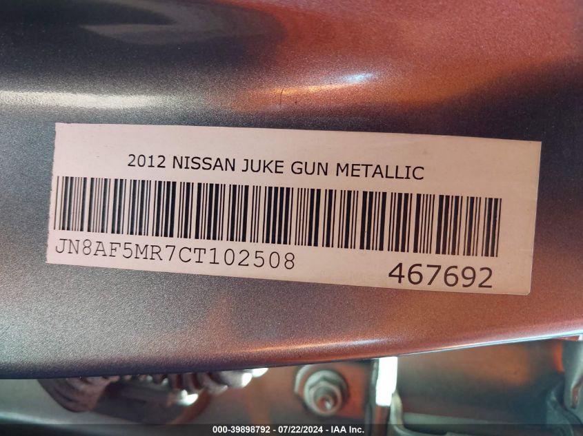 2012 Nissan Juke Sl VIN: JN8AF5MR7CT102508 Lot: 39898792