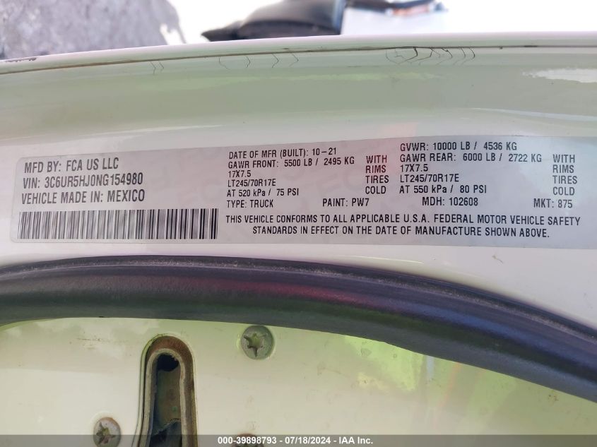 2022 Ram 2500 Tradesman VIN: 3C6UR5HJ0NG154980 Lot: 39898793