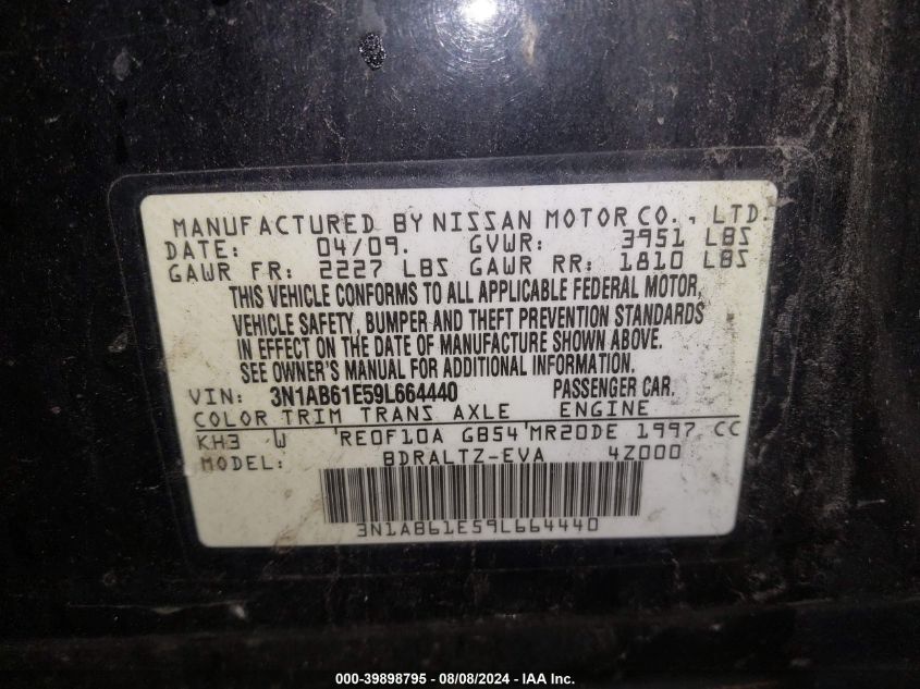 2009 Nissan Sentra 2.0S VIN: 3N1AB61E59L664440 Lot: 39898795