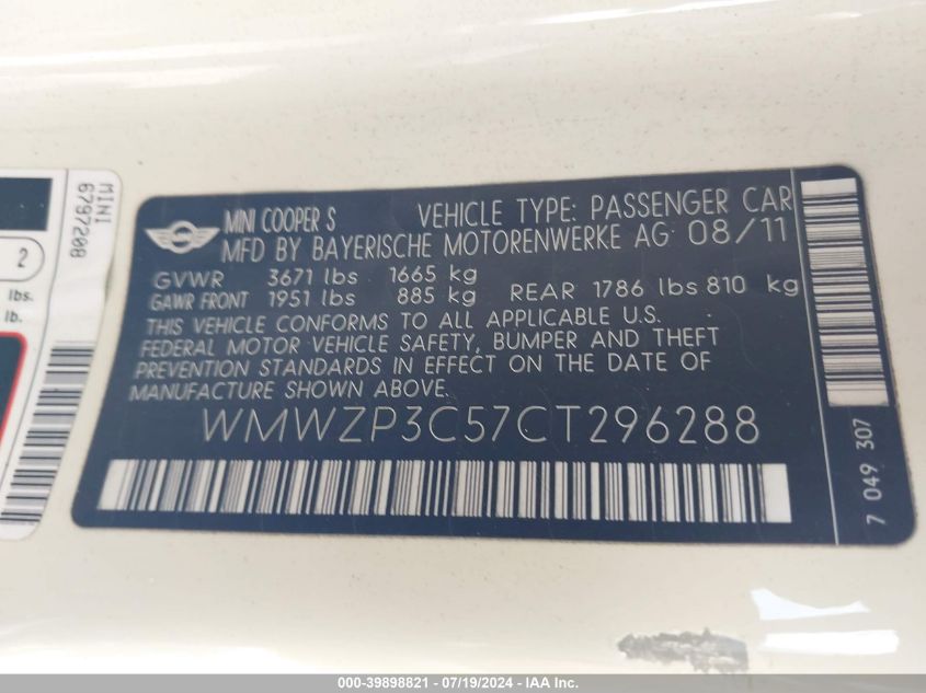 2012 Mini Cooper S VIN: WMWZP3C57CT296288 Lot: 39898821