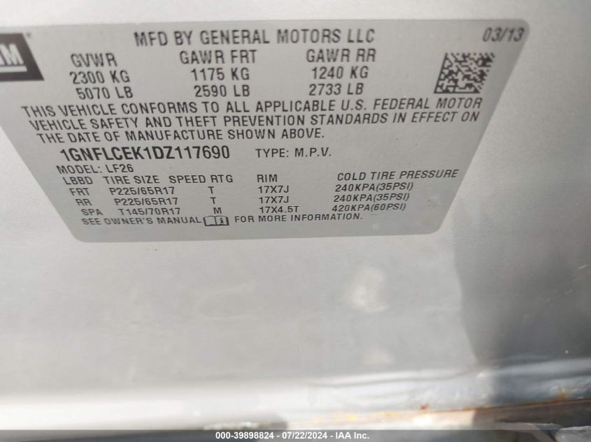 1GNFLCEK1DZ117690 2013 Chevrolet Equinox Ls