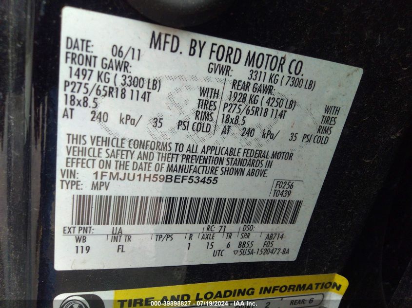 2011 Ford Expedition Xlt/King Ranch VIN: 1FMJU1H59BEF53455 Lot: 39898827