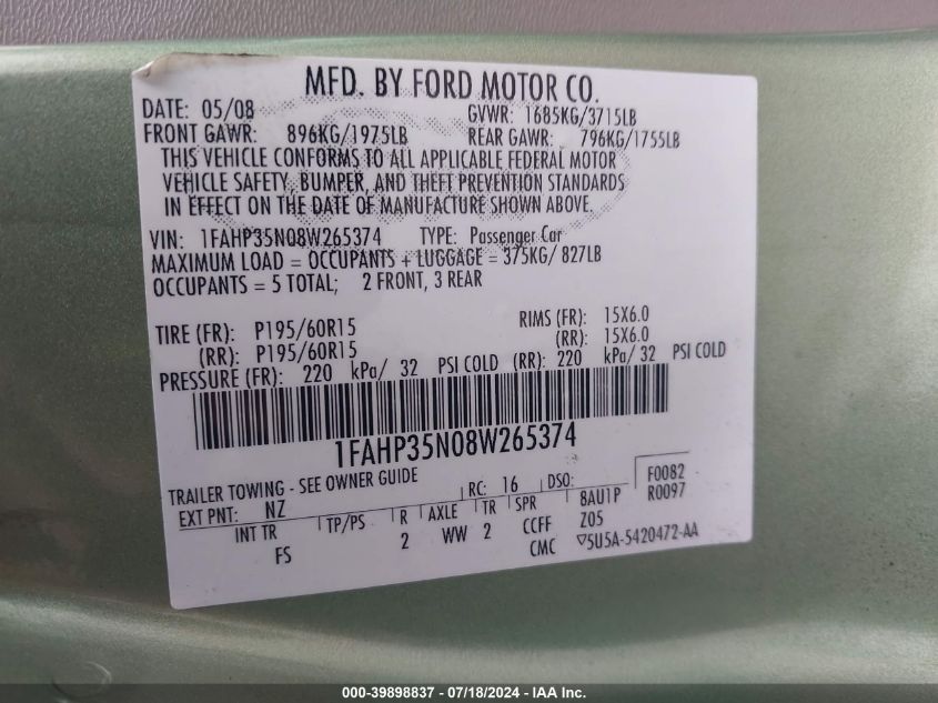 1FAHP35N08W265374 2008 Ford Focus Se/Ses