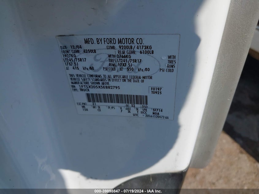 2005 Ford F-250 Lariat/Xl/Xlt VIN: 1FTSX205X5EB82795 Lot: 39898847