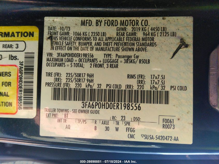 2014 Ford Fusion Se VIN: 3FA6P0HD0ER198556 Lot: 39898851