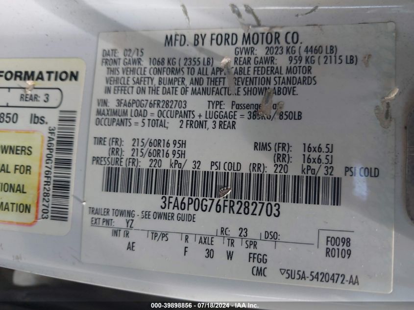 2015 FORD FUSION S - 3FA6P0G76FR282703