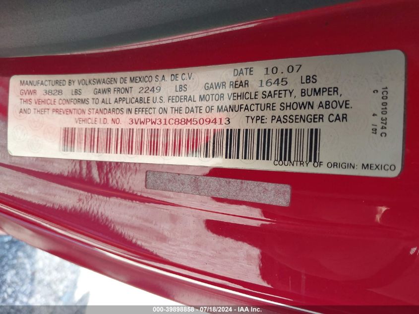 2008 Volkswagen New Beetle S VIN: 3VWPW31C88M509413 Lot: 39898858