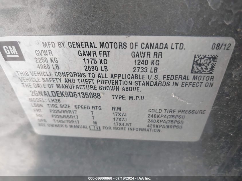 2013 Chevrolet Equinox 1Lt VIN: 2GNALDEK9D6135088 Lot: 39898868