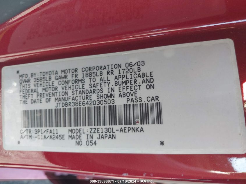 2004 Toyota Corolla Le VIN: JTDBR38E642030503 Lot: 39898871