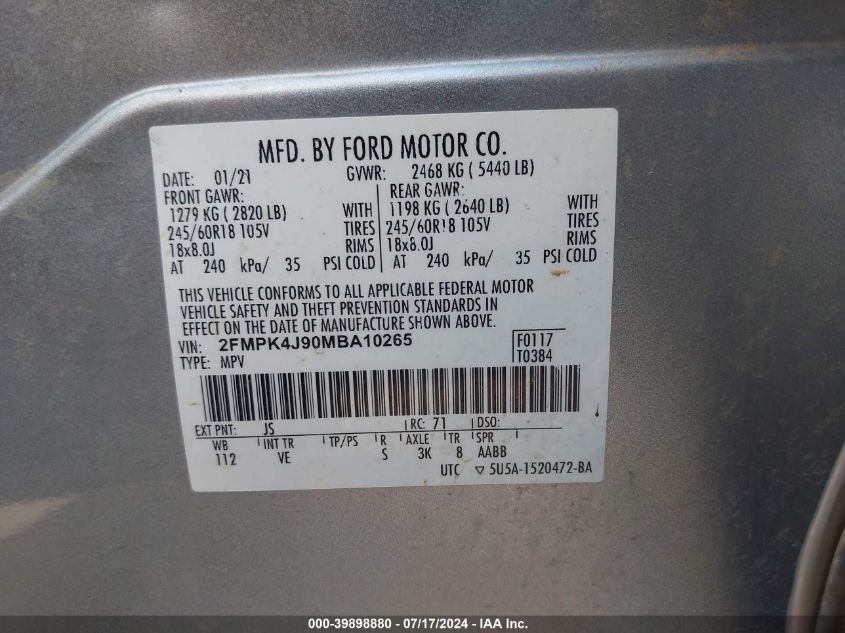 2021 FORD EDGE 2.0L I-4 DI, DOHC, V(VIN: 2FMPK4J90MBA10265