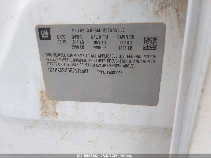 2016 Chevrolet Cruze Limited L VIN: 1G1PA5SH5G7178587 Lot: 39898883