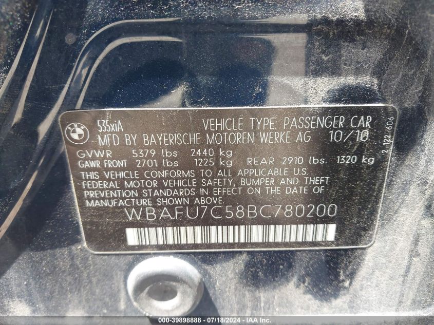 2011 BMW 535I xDrive VIN: WBAFU7C58BC780200 Lot: 39898888