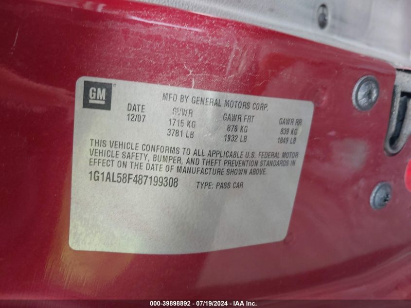 2008 Chevrolet Cobalt Lt VIN: 1G1AL58F487199308 Lot: 39898892