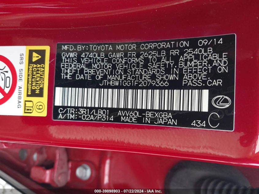 2015 Lexus Es 300H VIN: JTHBW1GG1F2079366 Lot: 39898903