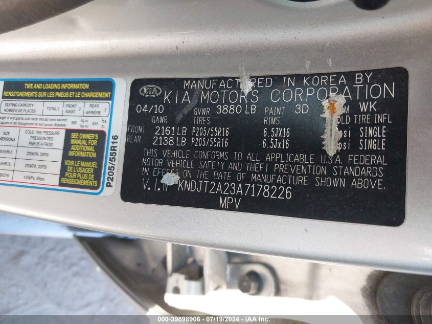 2010 Kia Soul + VIN: KNDJT2A23A7178226 Lot: 39898906