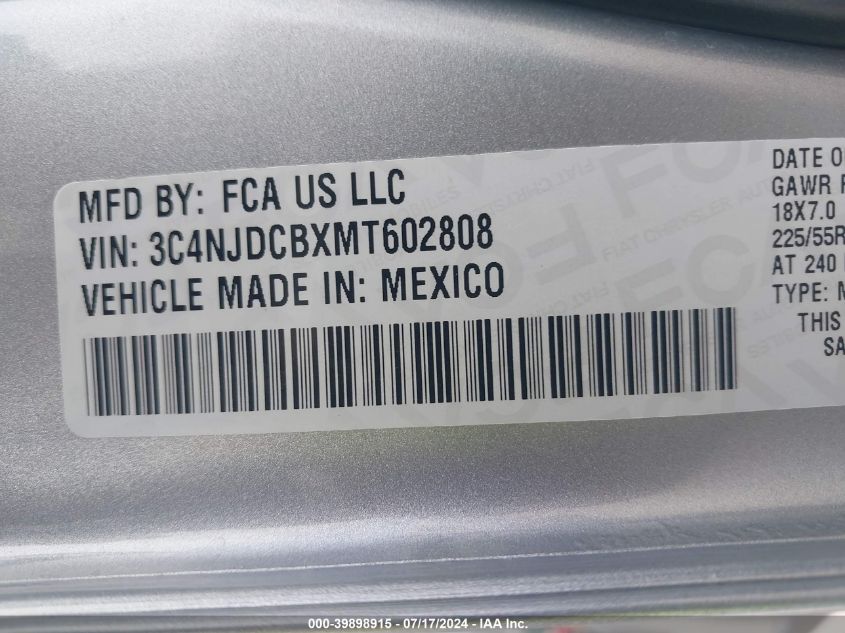 2021 Jeep Compass Limited 4X4 VIN: 3C4NJDCBXMT602808 Lot: 39898915