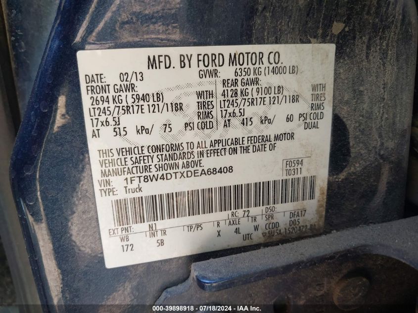2013 Ford F-450 Lariat VIN: 1FT8W4DTXDEA68408 Lot: 39898918