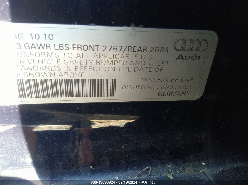 2011 Audi A6 Premium Plus VIN: WAUFGAFB8BN035781 Lot: 39898924