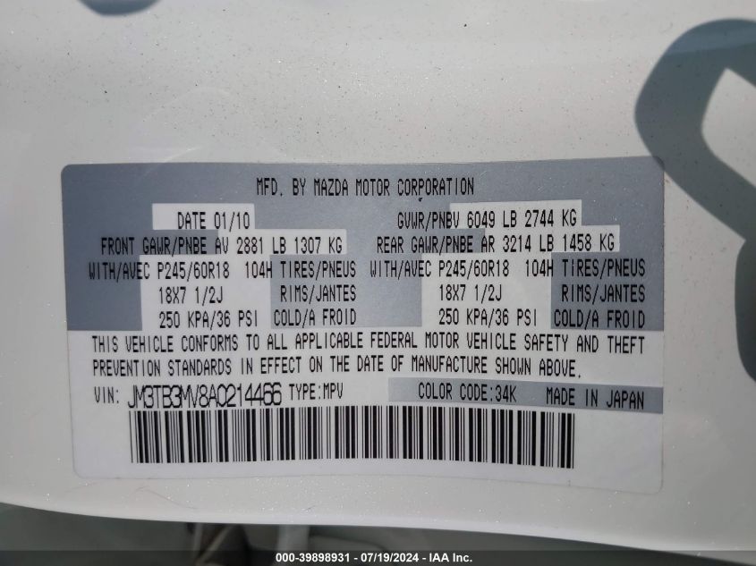 2010 Mazda Cx-9 Touring VIN: JM3TB3MV8A0214466 Lot: 39898931