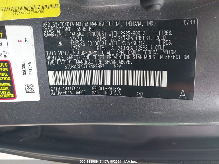 2012 Toyota Sienna Le V6 8 Passenger VIN: 5TDKK3DC7CS189997 Lot: 39898943