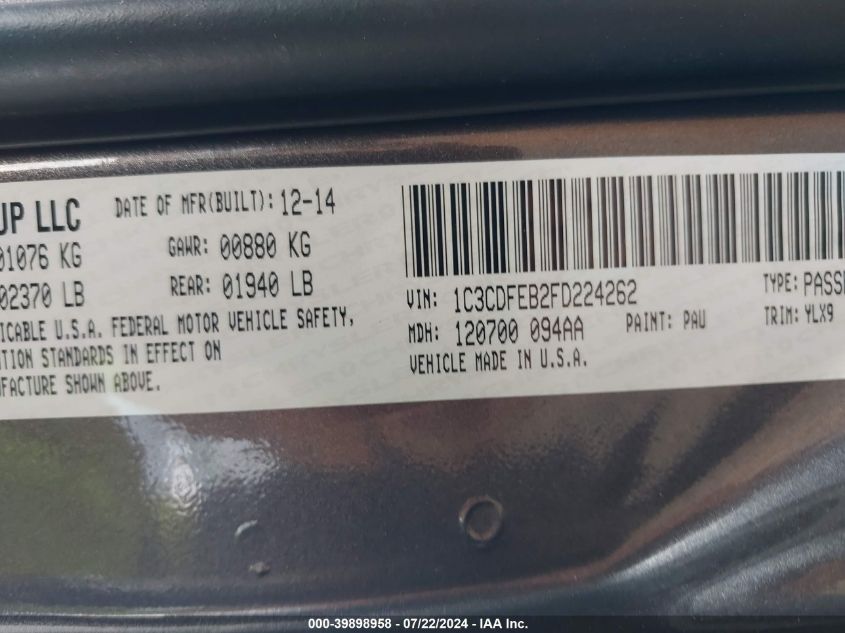 2015 Dodge Dart Gt VIN: 1C3CDFEB2FD224262 Lot: 39898958