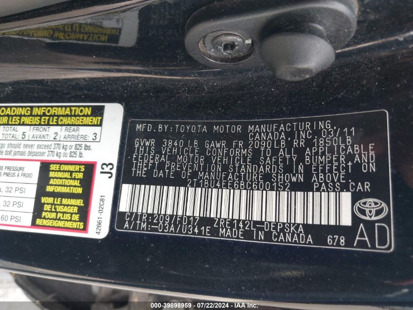 2011 Toyota Corolla S VIN: 2T1BU4EE6BC600152 Lot: 39898959