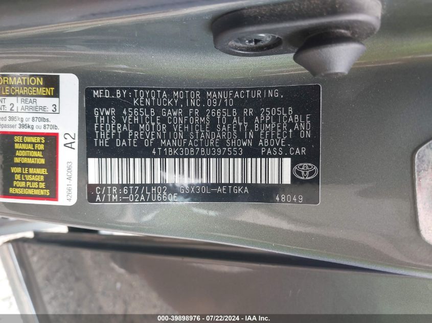 2011 Toyota Avalon VIN: 4T1BK3DB7BU397553 Lot: 39898976