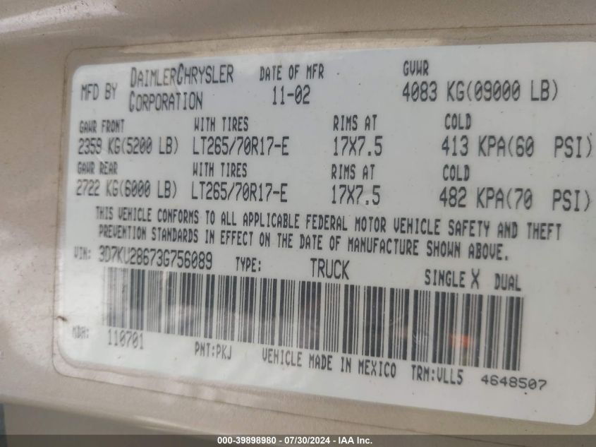 2003 Dodge Ram 2500 Slt/Laramie/St VIN: 3D7KU28673G756089 Lot: 39898980