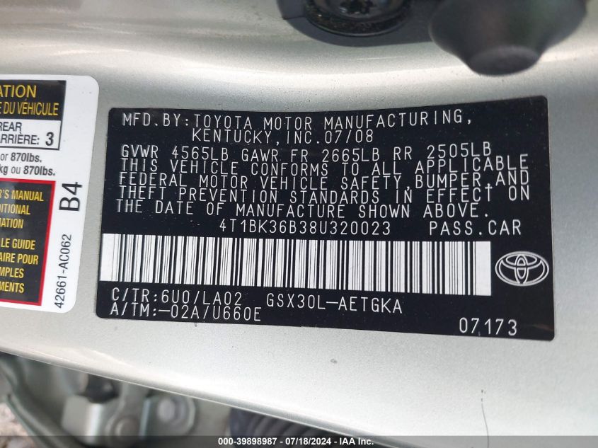 2008 Toyota Avalon Xls VIN: 4T1BK36B38U320023 Lot: 39898987