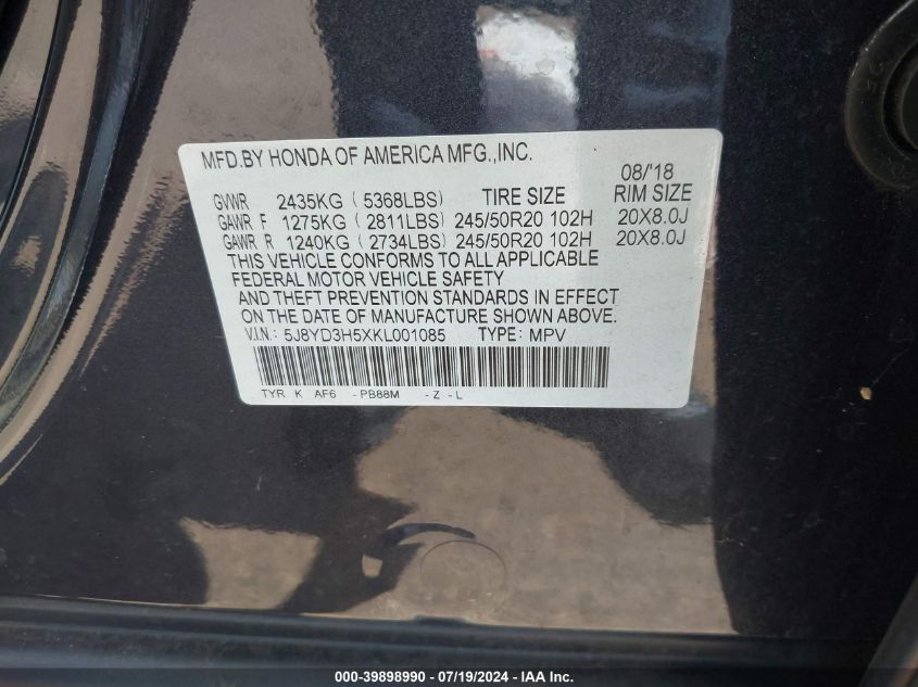 5J8YD3H5XKL001085 2019 Acura Mdx Tech Pkg