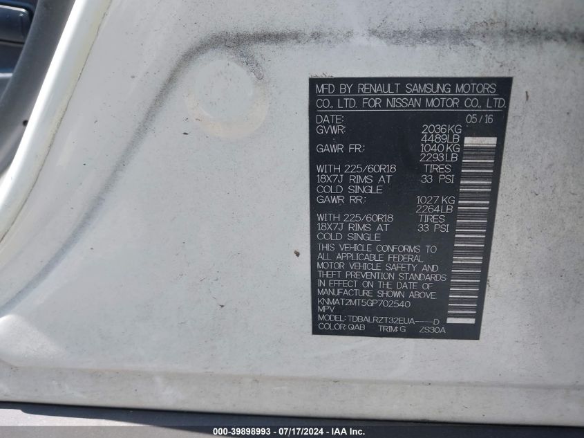 2016 Nissan Rogue Sl VIN: KNMAT2MT5GP702540 Lot: 39898993