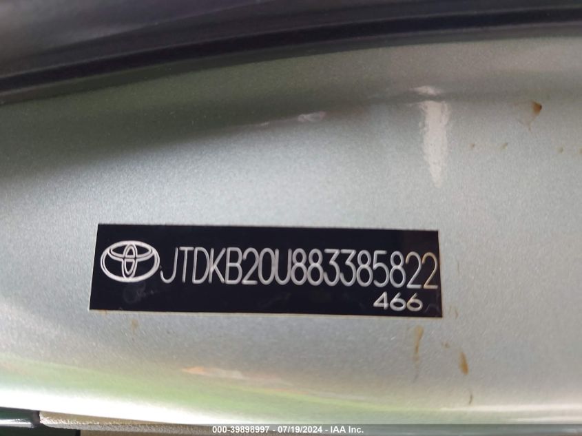2008 Toyota Prius VIN: JTDKB20U883385822 Lot: 39898997