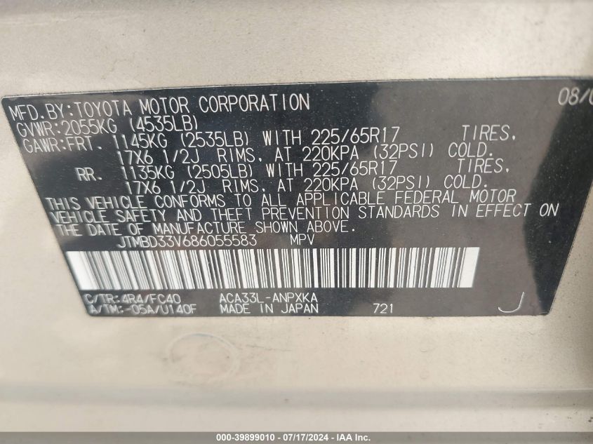 2008 Toyota Rav4 VIN: JTMBD33V686055583 Lot: 39899010