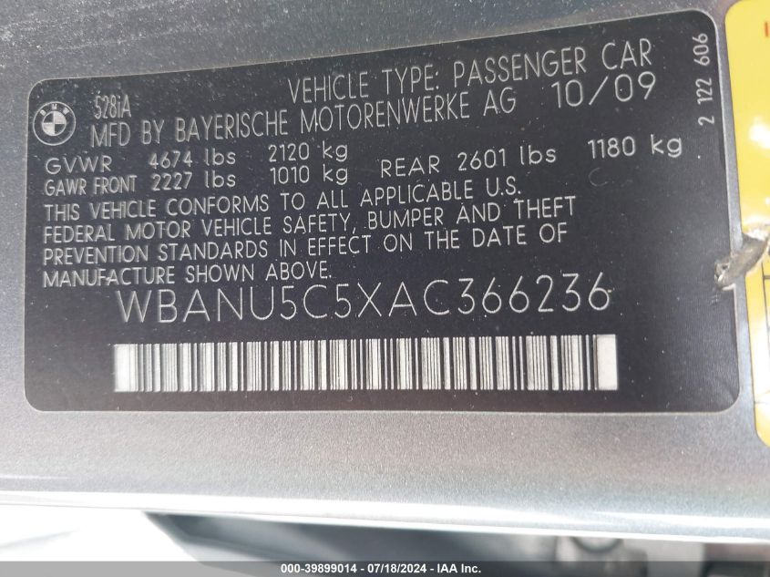 2010 BMW 528 I VIN: WBANU5C5XAC366236 Lot: 39899014