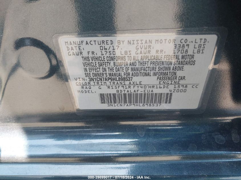 2017 Nissan Versa 1.6 S VIN: 3N1CN7AP9HL898537 Lot: 39899017