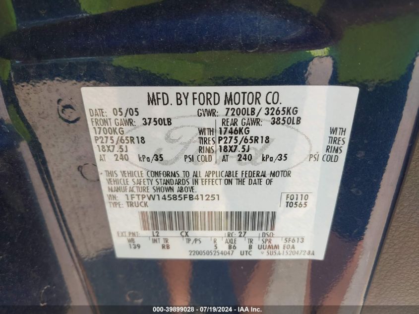 2005 Ford F-150 Fx4/Lariat/Xlt VIN: 1FTPW14585FB41251 Lot: 39899028