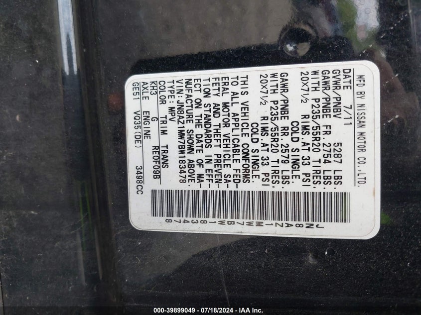 2011 Nissan Murano S/Sl/Le VIN: JN8AZ1MW7BW183478 Lot: 39899049