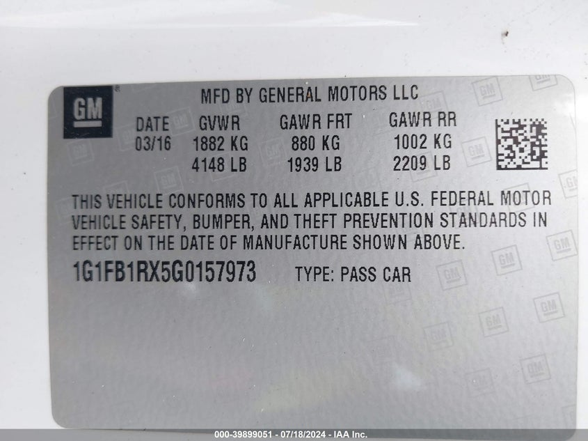 2016 Chevrolet Camaro 1Lt VIN: 1G1FB1RX5G0157973 Lot: 39899051