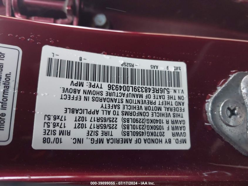 2009 Honda Cr-V Lx VIN: 5J6RE48339L004936 Lot: 39899055