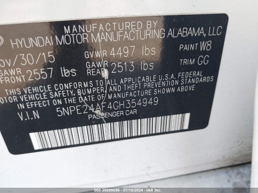 2016 Hyundai Sonata Se VIN: 5NPE24AF4GH354949 Lot: 39899056