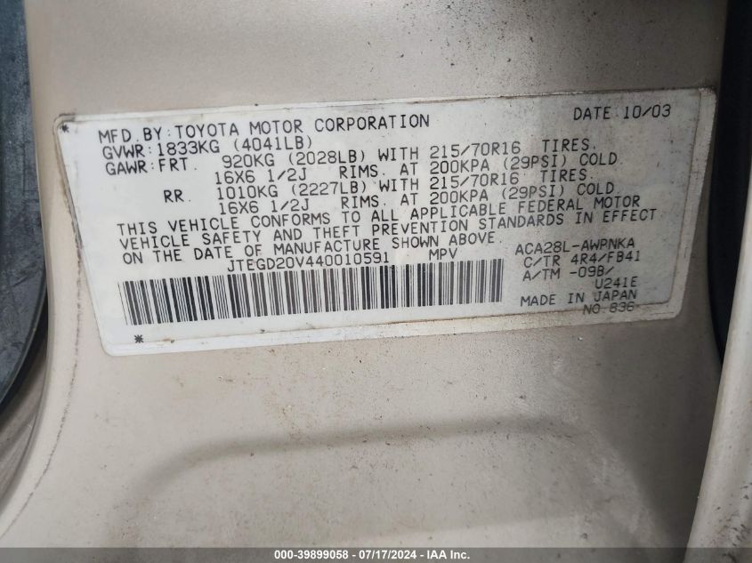 2004 Toyota Rav4 VIN: JTEGD20V440010591 Lot: 39899058