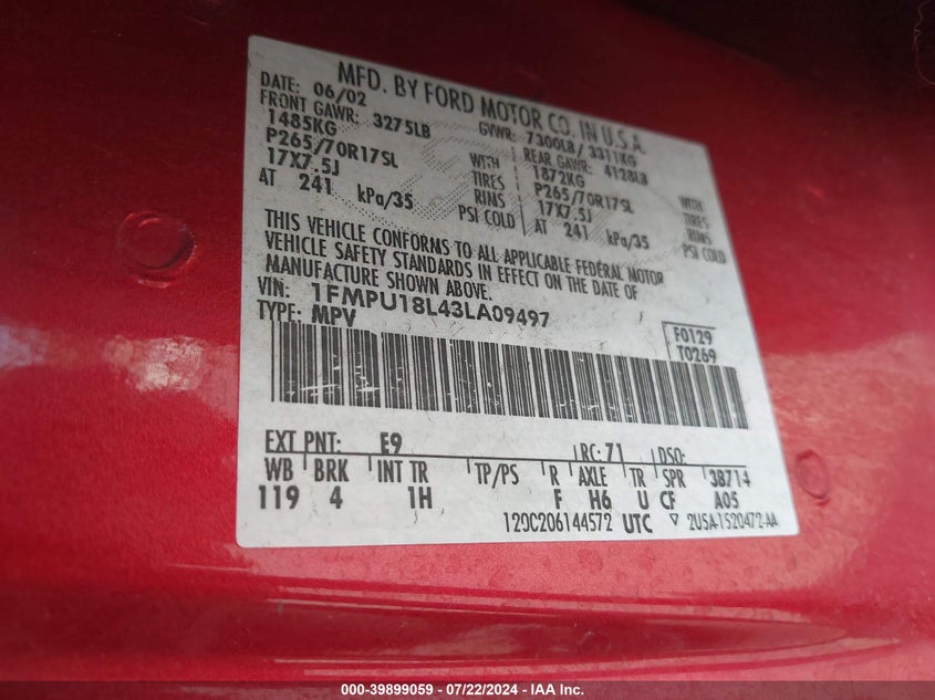 2003 Ford Expedition Eddie Bauer VIN: 1FMPU18L43LA09497 Lot: 39899059