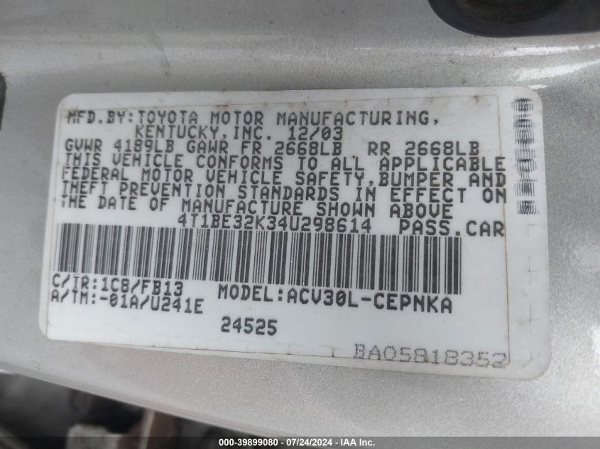 2004 Toyota Camry Le/Xle/Se VIN: 4T1BE32K34U298614 Lot: 39899080