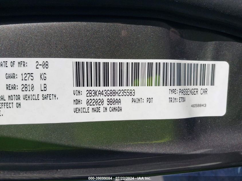 2008 Dodge Charger VIN: 2B3KA43G88H235583 Lot: 39899084