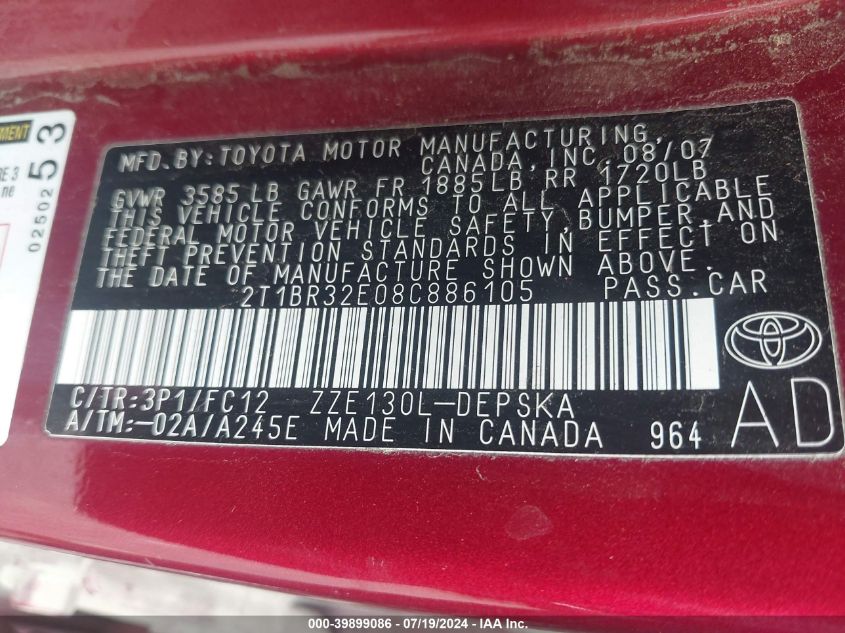 2008 Toyota Corolla S VIN: 2T1BR32E08C886105 Lot: 39899086