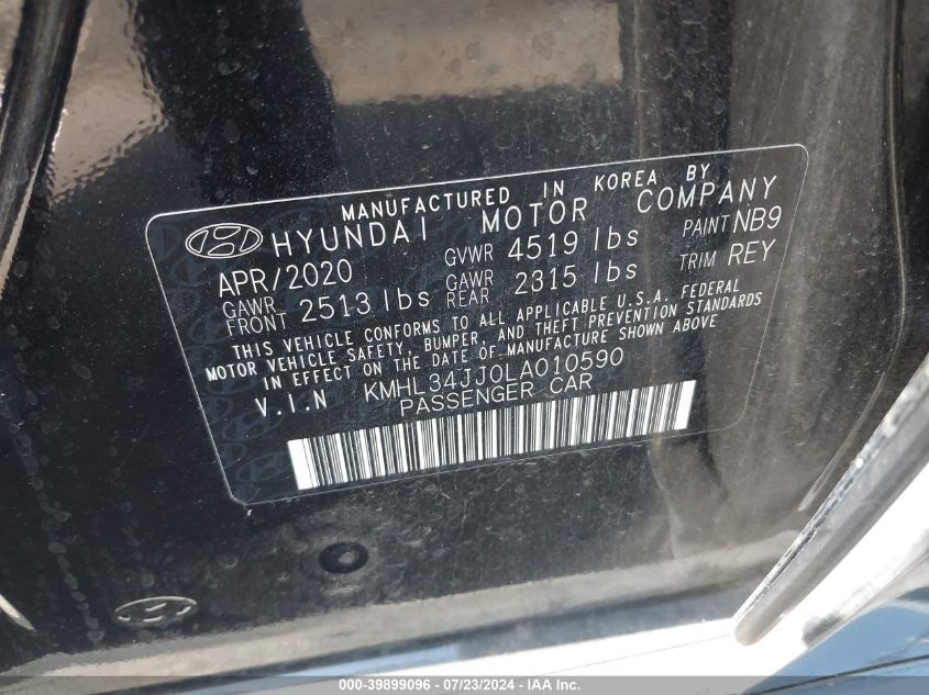 2020 Hyundai Sonata Hybrid Sel VIN: KMHL34JJ0LA010590 Lot: 39899096